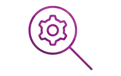 Magnifying glass with a gear inside, representing search or settings.