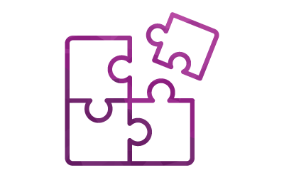 Outline of a purple four-piece puzzle on a black background.