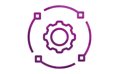 Icon of a gear surrounded by a circular rotation symbol with square nodes, representing system settings or customization.