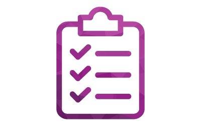 Purple icon of a clipboard with a checklist, including three checkmarks and lines of text.