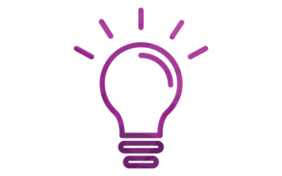 Purple outline of a light bulb with rays emanating from it.