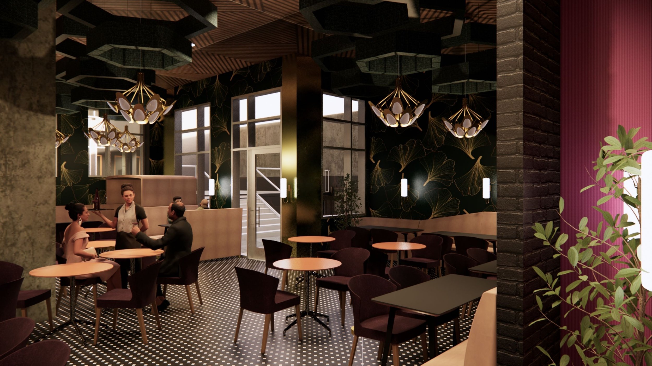 hotel, commercial interior design, interior designer, construction plans, concept, Brittany Wellington, Academy of Art, AAUU, IAD, MA IAD, Boutique Hotel Oakland, grit and glamour, HGI, space planning, renders, lighting plan, hotel design