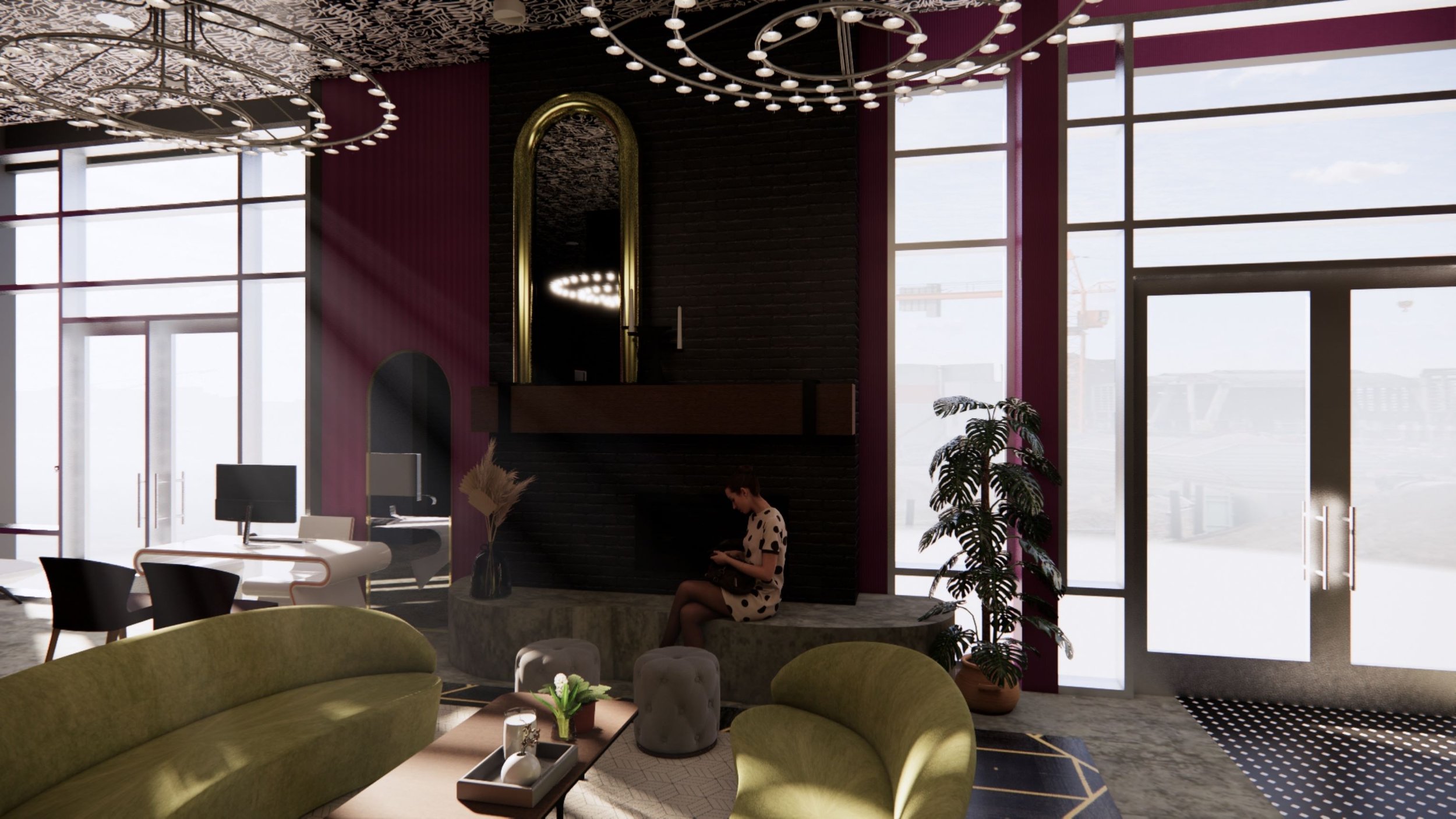hotel, commercial interior design, interior designer, construction plans, concept, Brittany Wellington, Academy of Art, AAUU, IAD, MA IAD, Boutique Hotel Oakland, grit and glamour, HGI, space planning, renders, lighting plan, hotel design