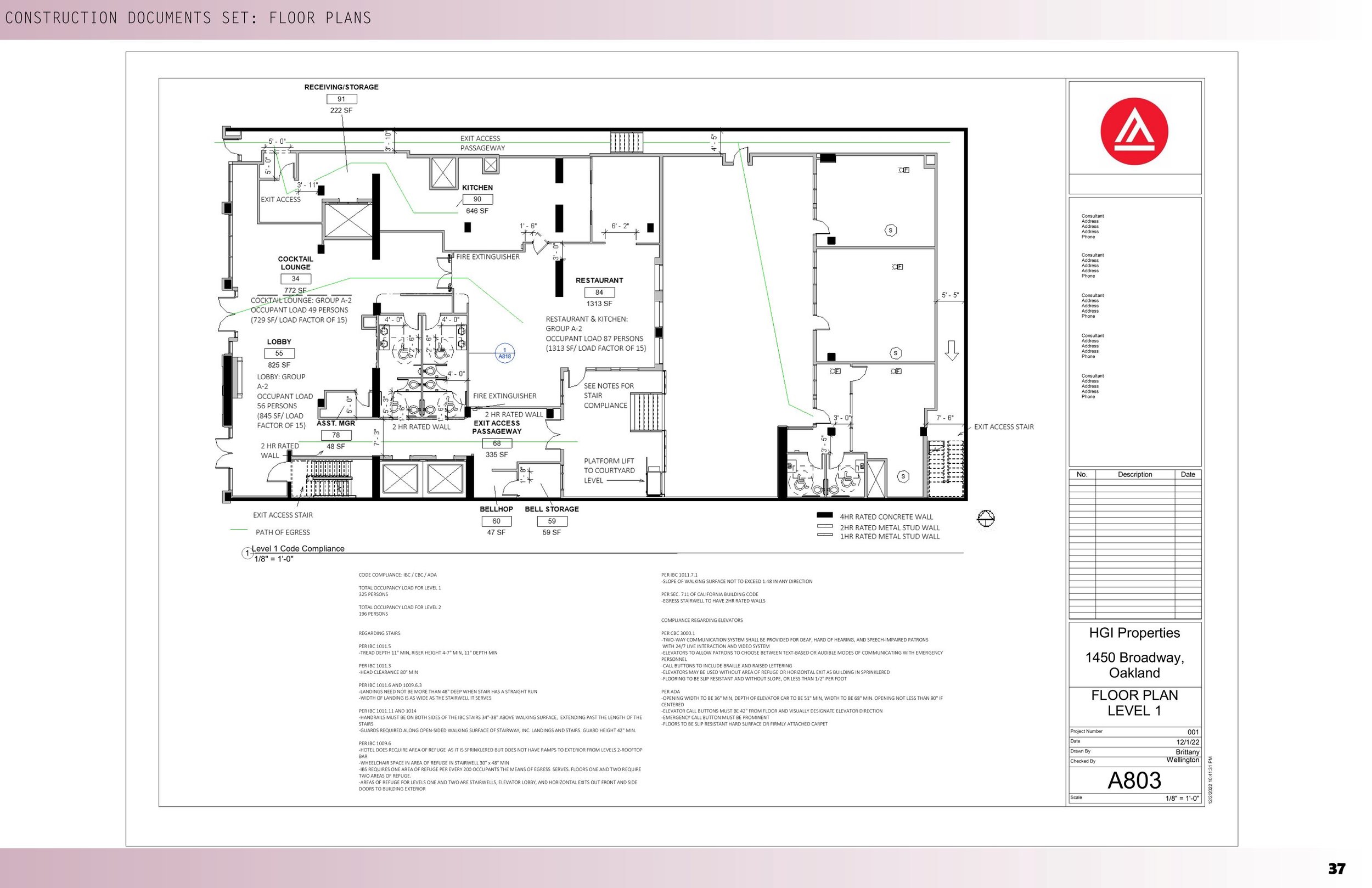 hotel, commercial interior design, interior designer, construction plans, concept, Brittany Wellington, Academy of Art, AAUU, IAD, MA IAD, Boutique Hotel Oakland, grit and glamour, HGI, space planning, renders, lighting plan, hotel design
