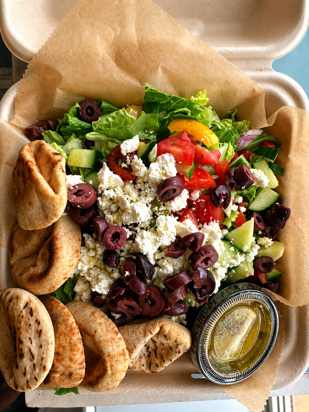 Greek salad with feta, olives, tomato, cucumber and grilled pita on the side