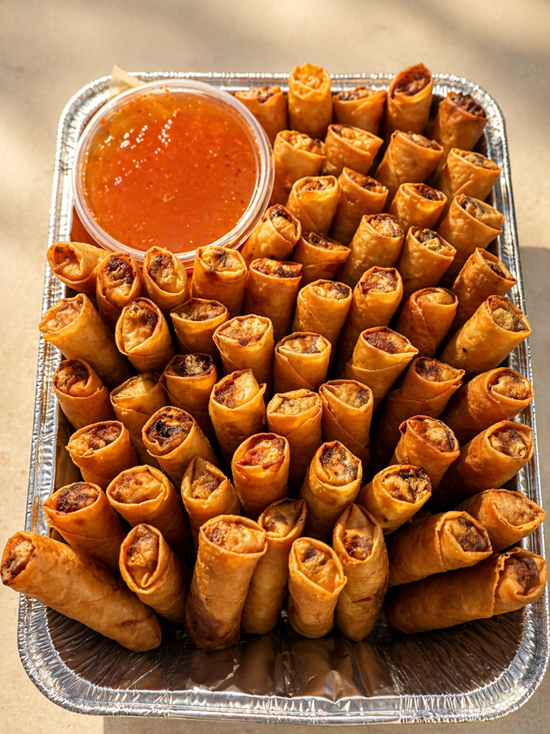 A catering tray stacked high with crispy Filipino lumpia served with sweet chili sauce