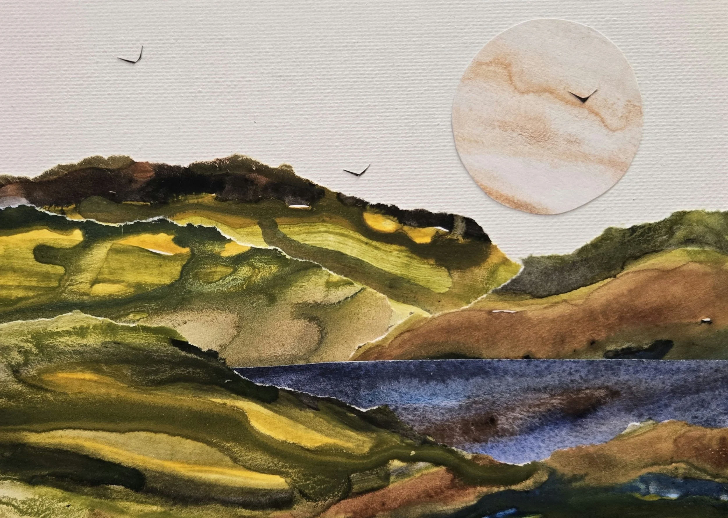 Jen Moltoni  Originally from Maine, and currently settled on a lovely tree-lined street in Melrose, Jen Moltoni a collage/mixed media artist and painter with no formal training.  She draw inspiration from her numerous trips to beaches and lakes throu