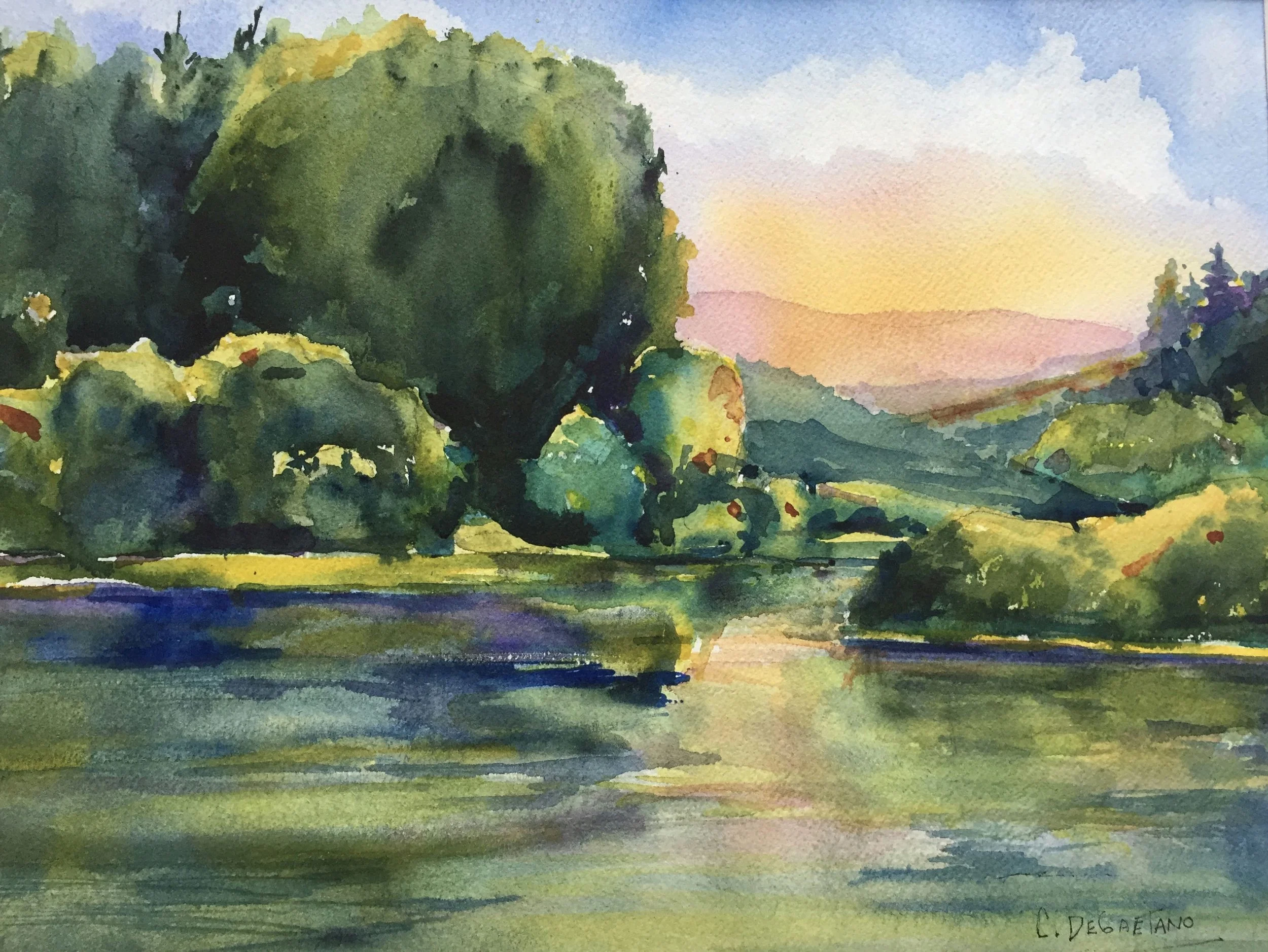 Carlie DeGaetano  I have been painting and teaching watercolor for over 20 yrs. I also paint in acrylics and recently incorporated abstract in both mediums. I am an impressionist artist and most interested in color and how different combinations play