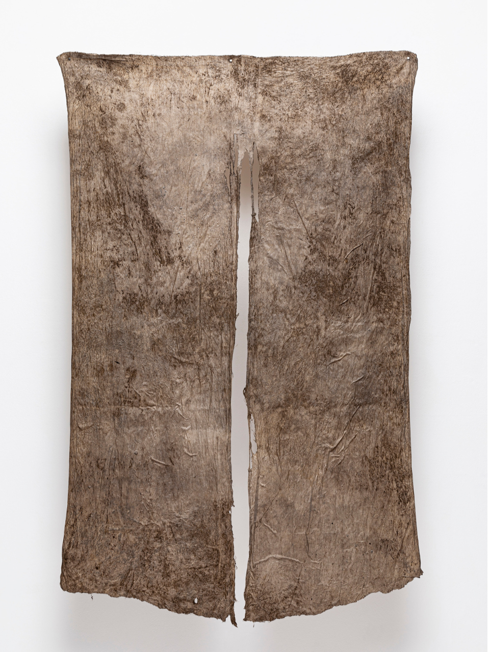 Bog Etude No. 3, 63 x 42", peace silk, bog mud dye, bog mud, thread, wax, 2023