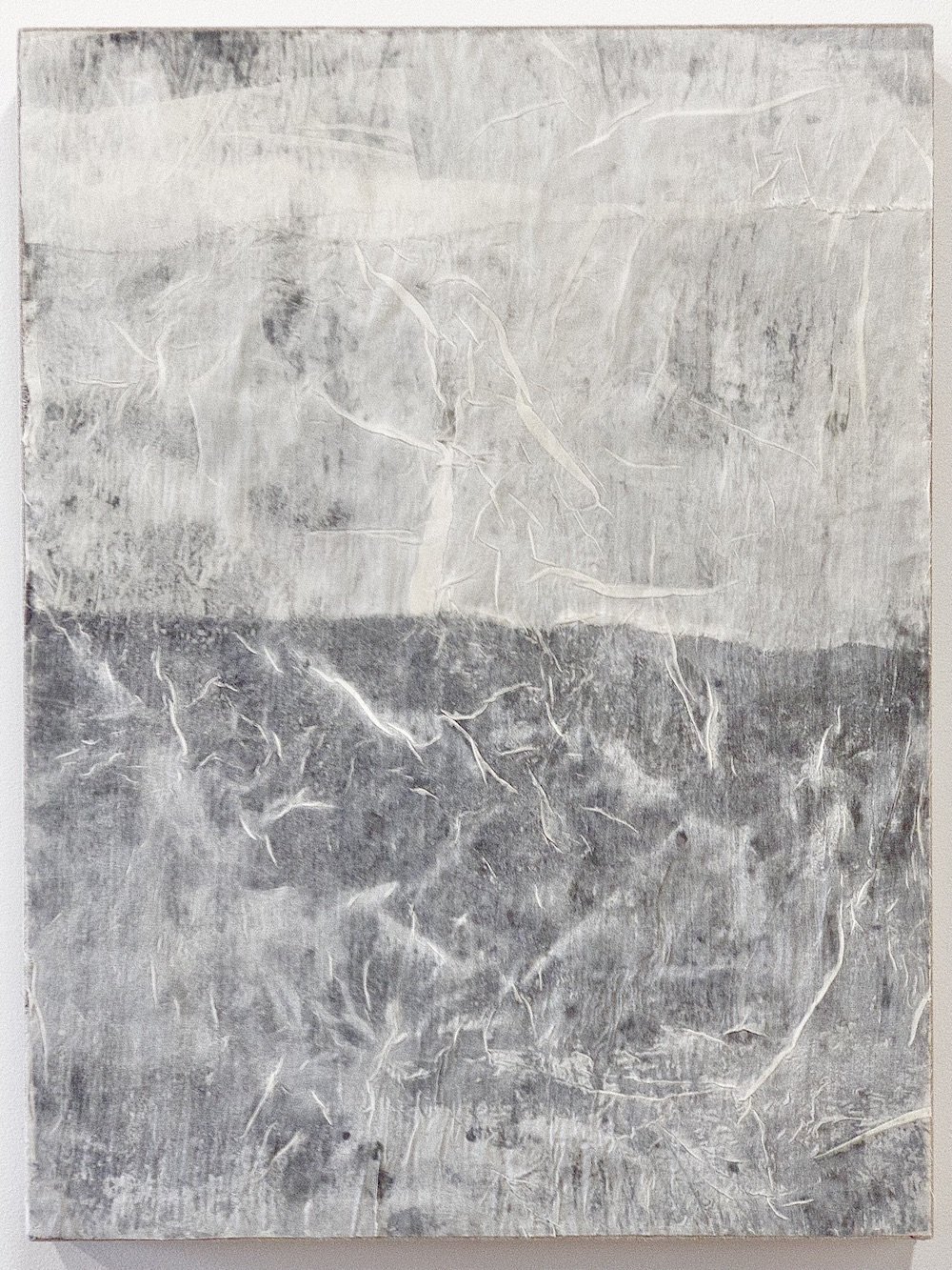 Gathering Cloud (Vestland Memories), 24 x 18 x 1.75”, organic peace silk, fermented mineral mud dye, thread, wax medium, linen stretcher frame, 2025, available
