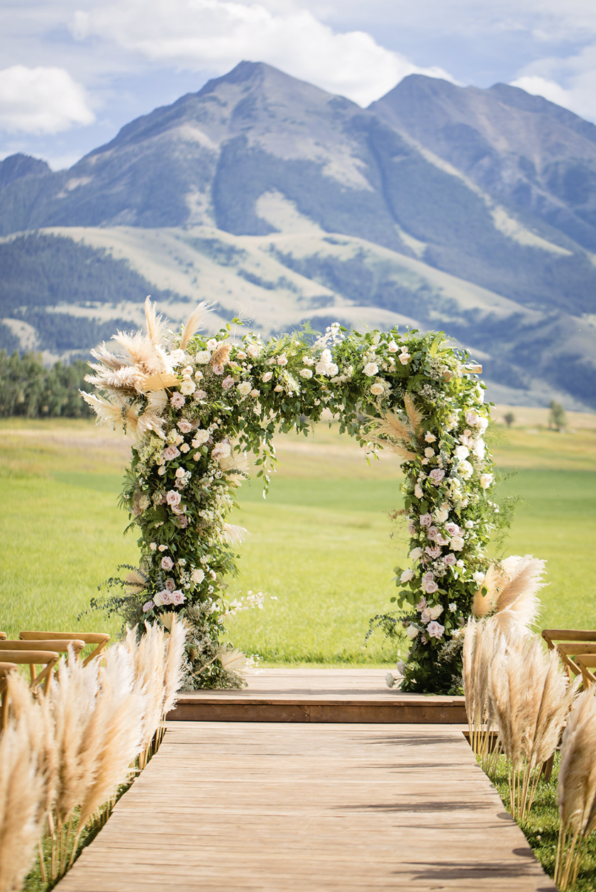 Sage Lodge Montana Destination Wedding Flower Arch Mountain Wedding Flowers