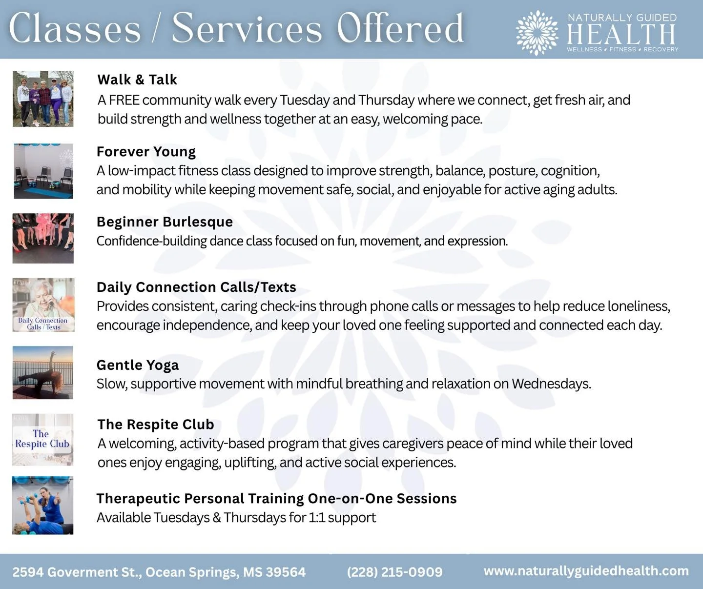 At Naturally Guided Health, there&rsquo;s a place for you here! 💙 

Whether you&rsquo;re looking to build strength, find community, support a loved one, or simply feel better in your body again... we&rsquo;ve created classes and services designed to