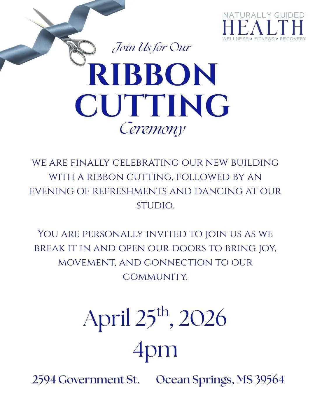 We are excited to celebrate our ribbon cutting and you are invited! 🎉 We want to take this moment to celebrate with our community and share this milestone with you!

Come join us! Tour the space and celebrate with us! ✂️✨ We would love to see you th