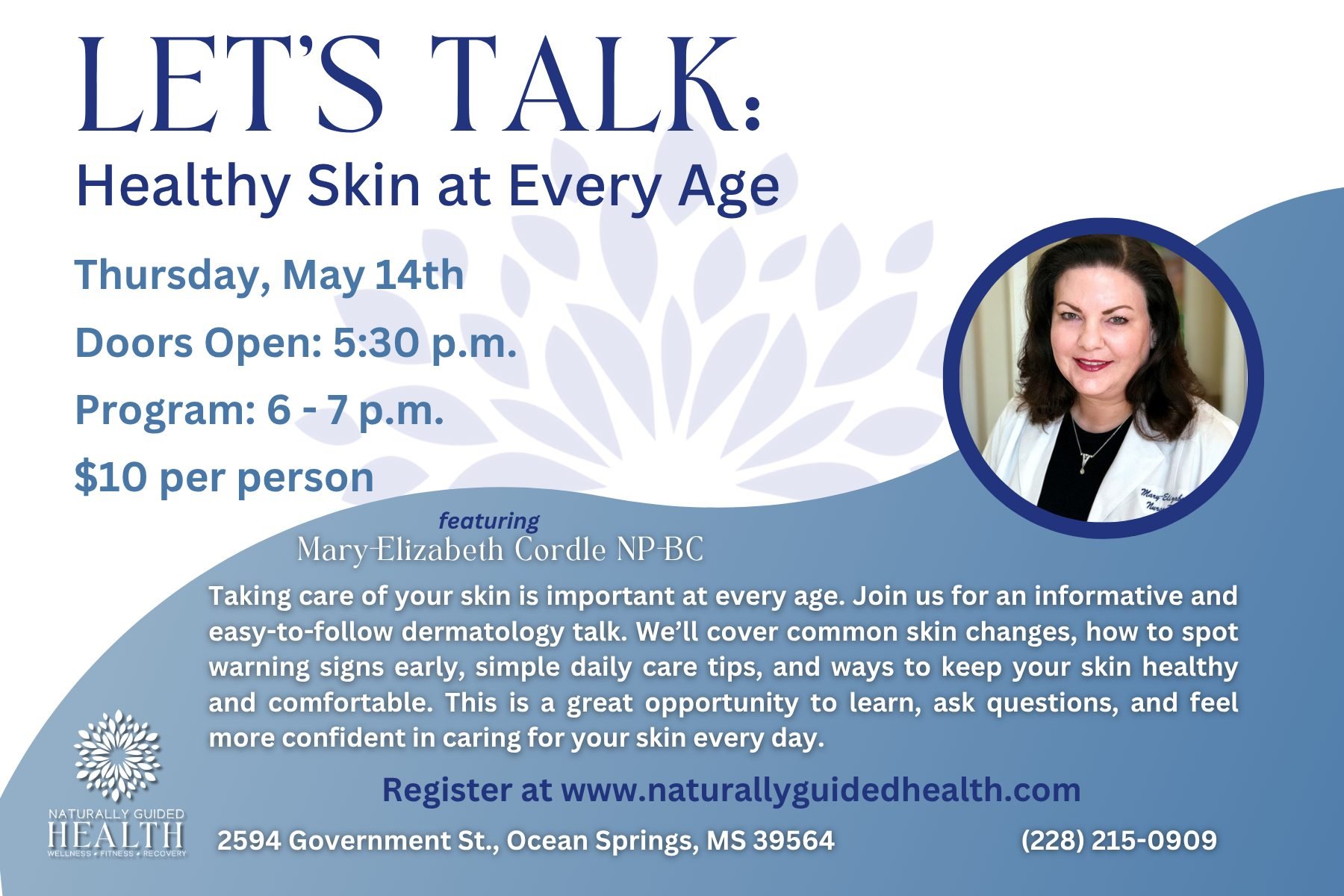 Join us for Let&rsquo;s Talk: Healthy Skin at Every Age and learn simple, practical ways to keep your skin healthy, confident, and glowing!

🗓 Thursday, May 14th
⏰ 6&ndash;7 PM

Grab your ticket today!

#HealthySkin #AgingWell #NaturallyGuidedHealth