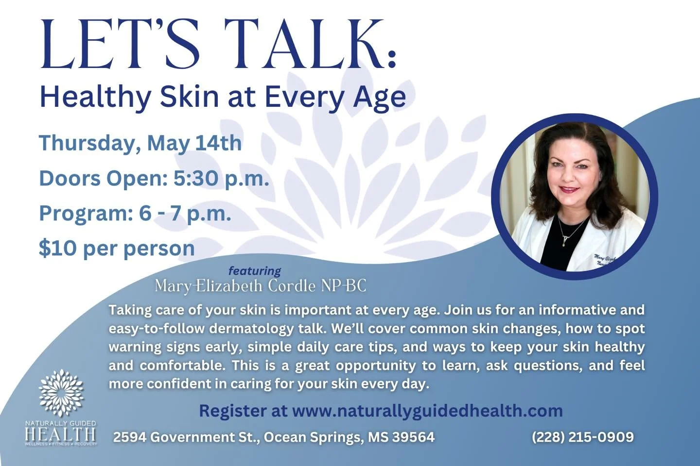 Let's Talk: Healthy Skin at Every Age is coming up soon! ✨

Join us on May 14th for an informative and practical evening all about caring for your skin at every stage of life. Doors open at 5:30pm, and the event runs 6&ndash;7pm.

Tickets are just $1