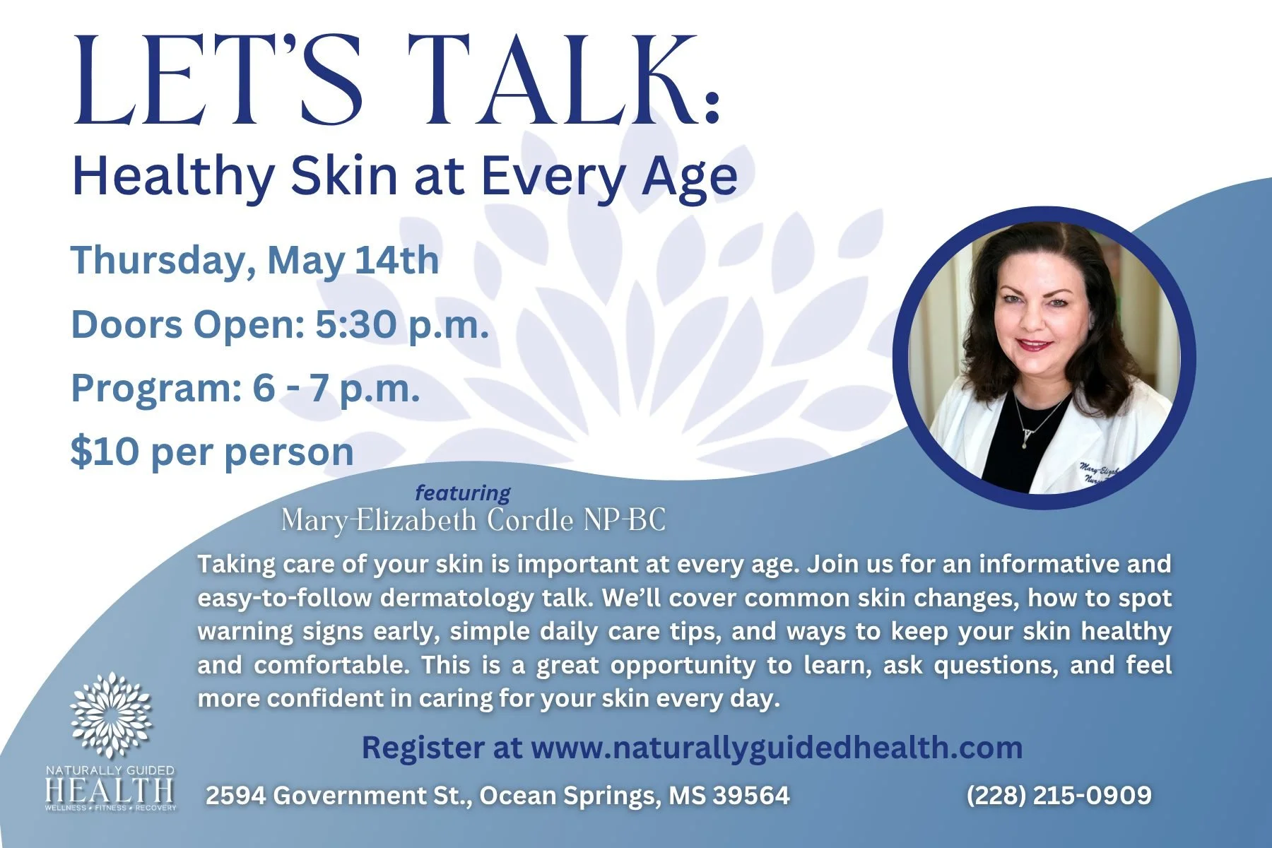 ONLY ONE WEEK AWAY!
You are invited to Let&rsquo;s Talk: Healthy Skin at Every Age next Thursday! Join us for an informative and easy-to-follow evening where we&rsquo;ll cover common skin changes, early warning signs, and simple ways to care for your