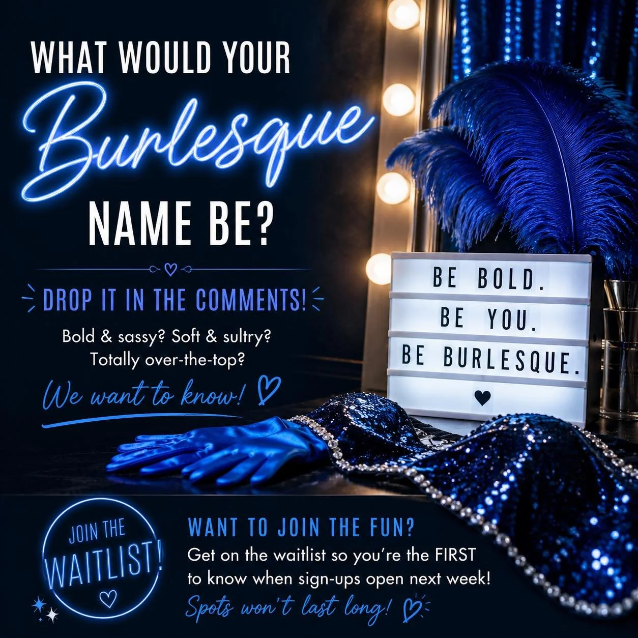 What would your Burlesque name be? 💃✨

Would you go bold and sassy&hellip; soft and sultry&hellip; or totally over-the-top? We want to know! Drop your name in the comments 👇 (extra points if it makes us laugh 😏)

#BurlesqueVibes #ConfidenceInMotio