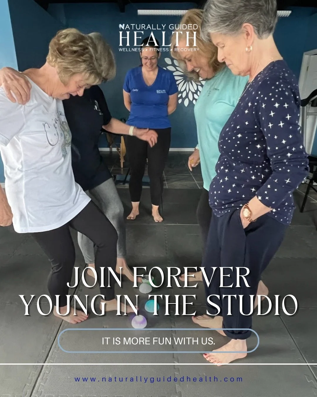 Forever Young in the studio turns functional movement into something you actually look forward to while improving balance, flexibility, strength, posture, and cognition at your level. 

With multiple class options, you can grow at your own pace and s