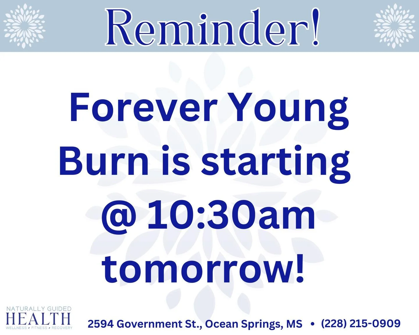 🚨 Quick Reminder, Forever Young Burn! 🚨

Tomorrow&rsquo;s Forever Young Burn class will start a little later than usual. We&rsquo;ll kick things off at 10:30 AM (15 minutes late)!

We&rsquo;ll see you there ready to move! 💪✨

#NaturallyGuidedHealt