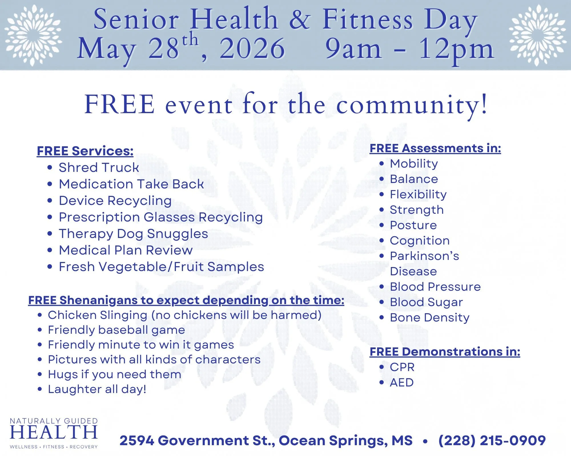MS Gulf Coast, mark your calendars!!! 🎉

Our FREE Senior Health &amp; Fitness Day is happening next Thursday, May 28th from 9AM&ndash;12PM! You do NOT want to miss it!

There is truly something for everyone, and it&rsquo;s all FREE to our community!