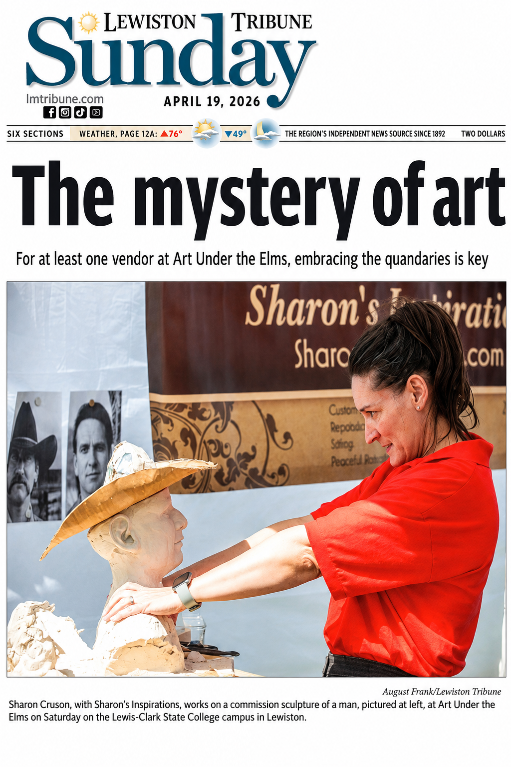Lewiston Tribune front page featuring Sharon Cruson sculpting at Art Under the Elms in Lewiston, Idaho