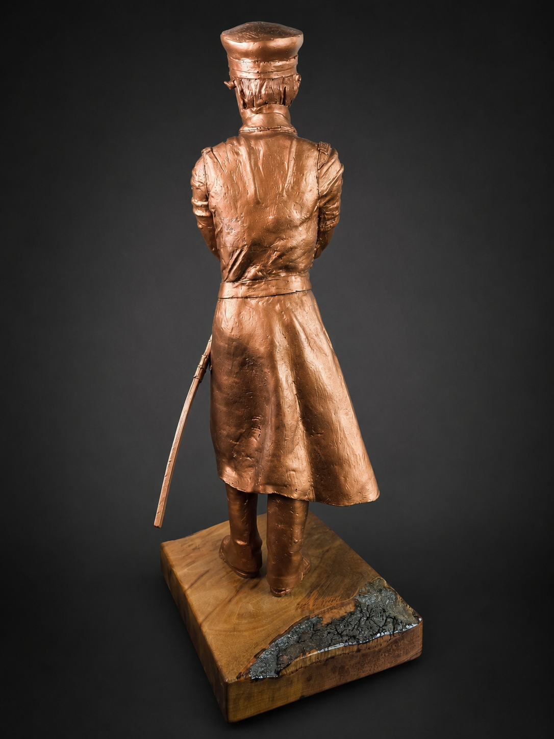 Admiral David Farragut sculpture by Sharon Cruson, rear view showing long naval coat and copper-infused finish