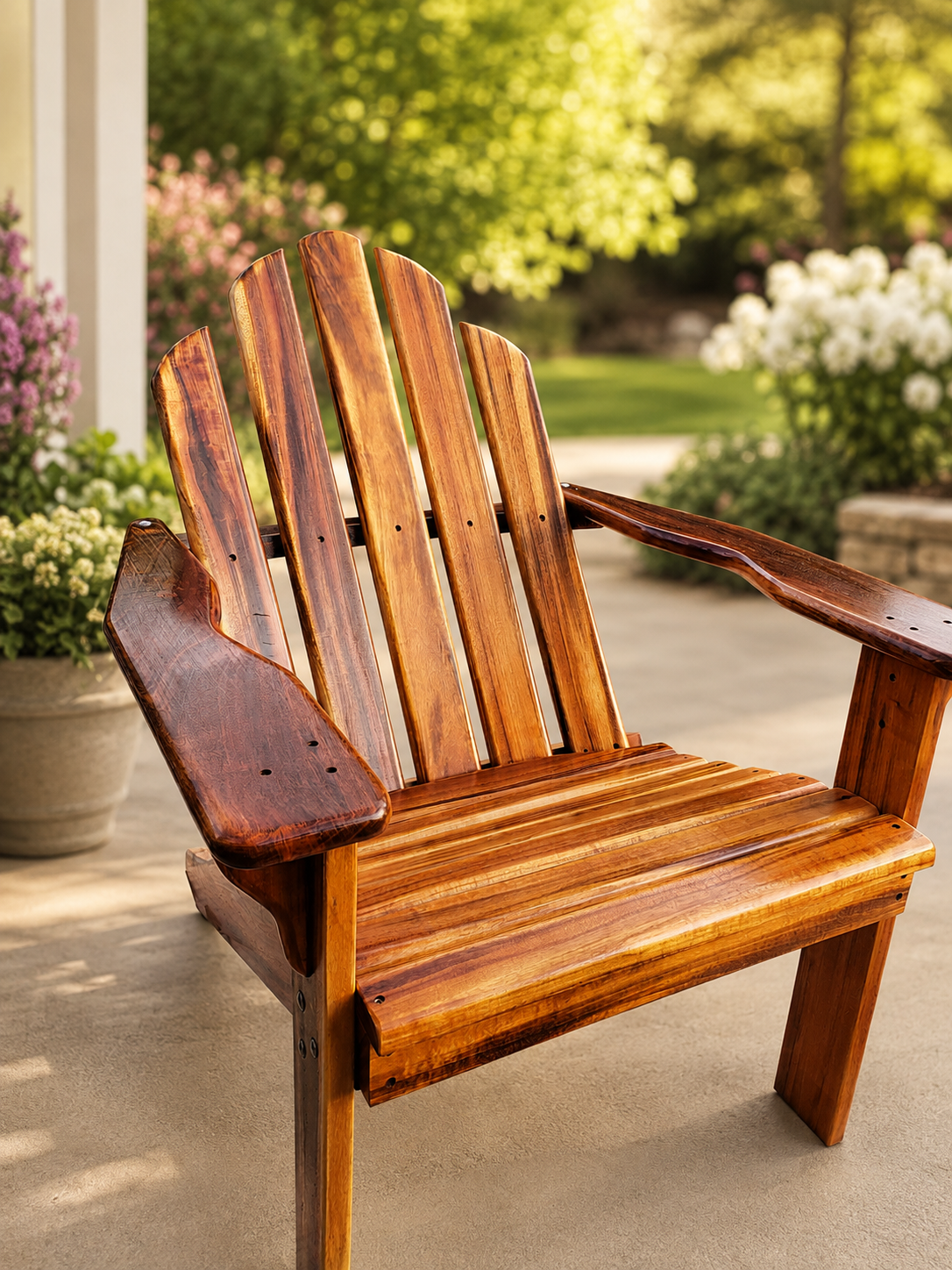 Handcrafted Adirondack chair by Mark Cruson Woodcraft, displayed outdoors in a garden setting