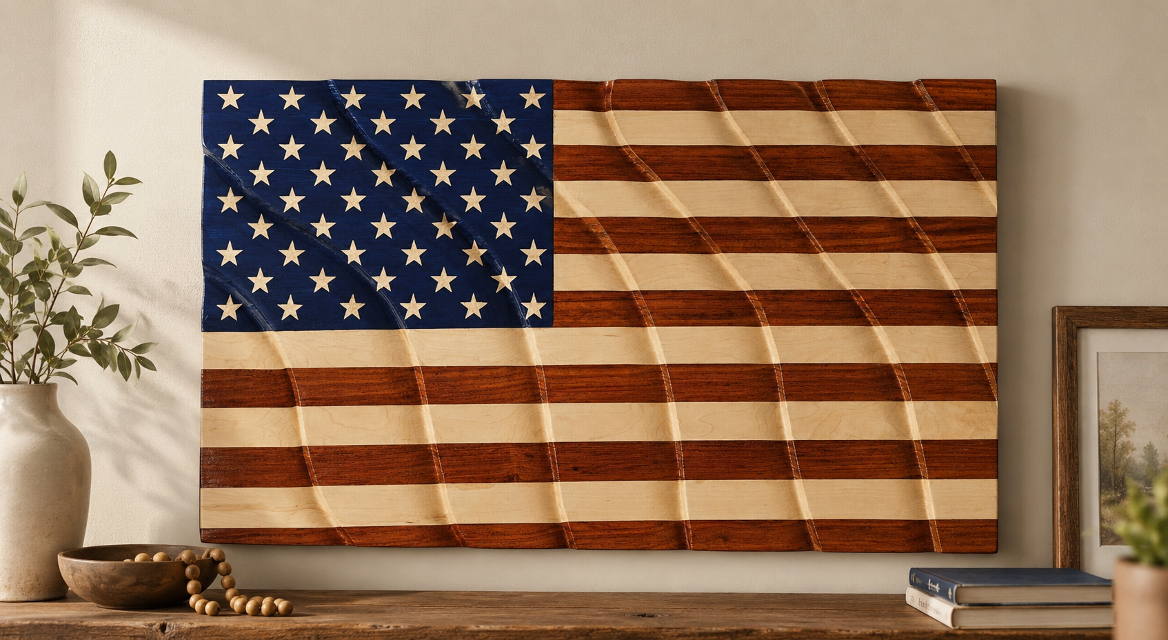 Handcrafted American flag by Mark Cruson Woodcraft, made from contrasting woods and displayed on a wall