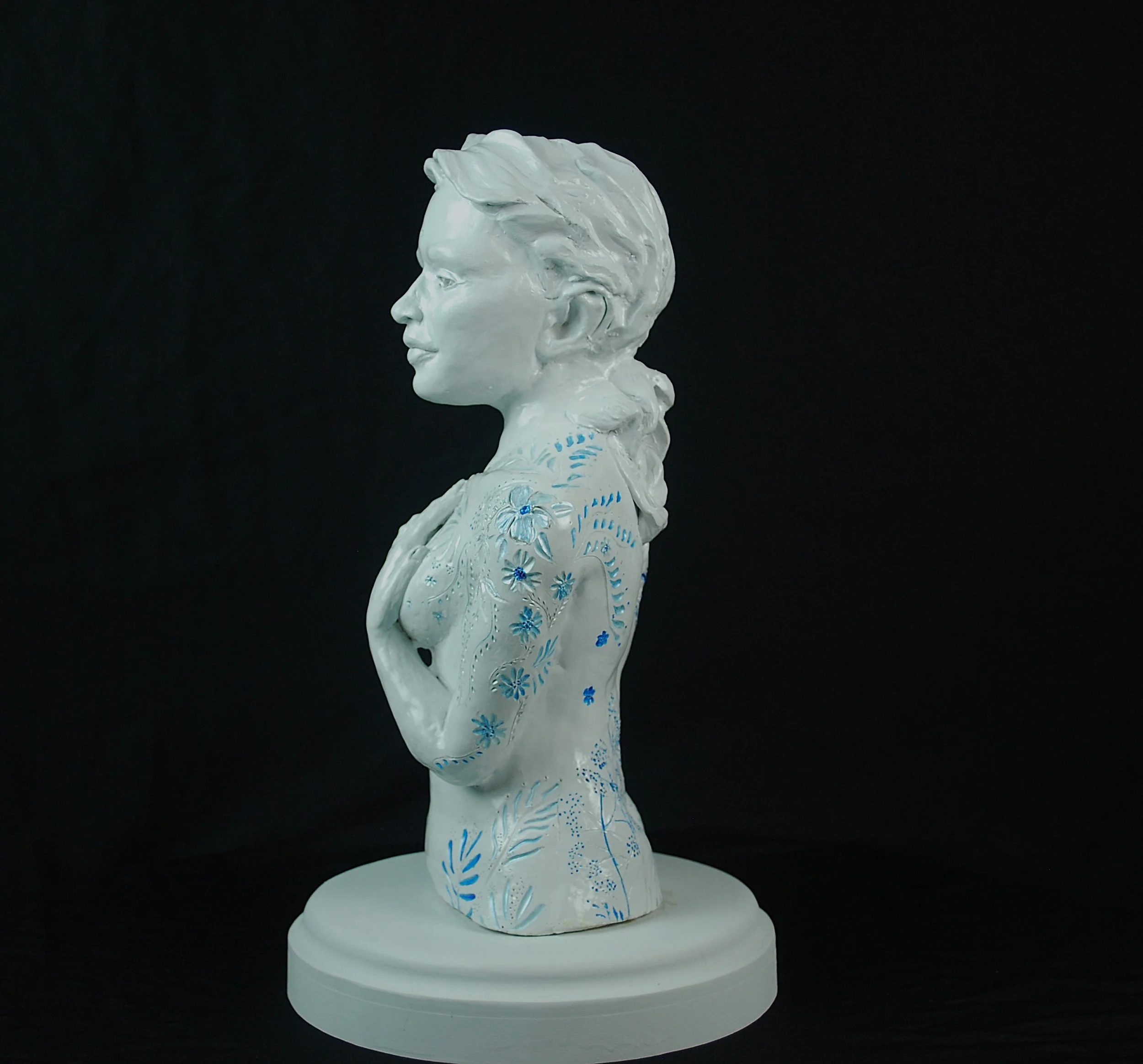 Cover Me in Springtime ceramic sculpture by Sharon Cruson, right profile view of female portrait bust