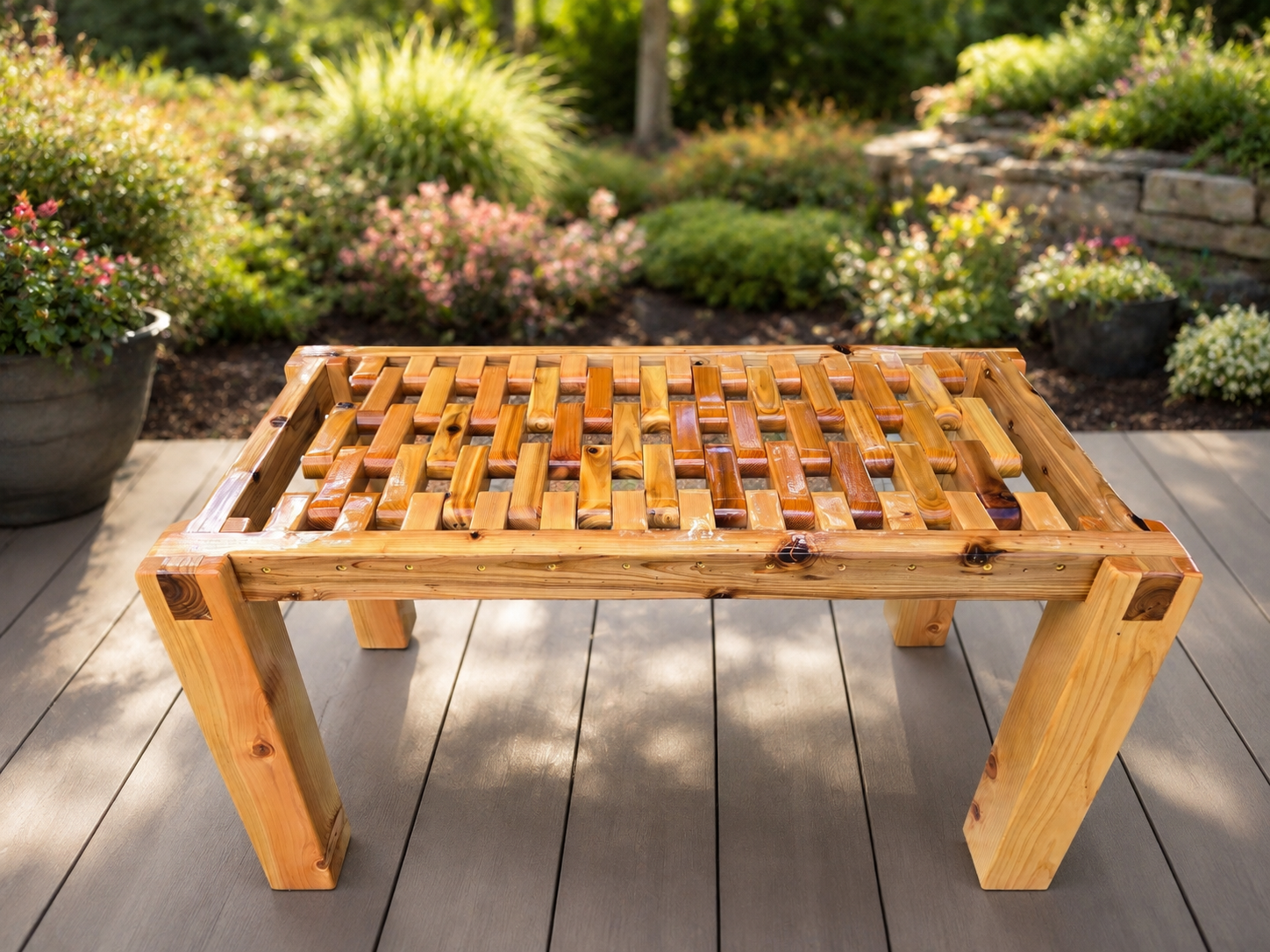 Handcrafted cedar garden bench by Mark Cruson Woodcraft with woven slat design, displayed outdoors