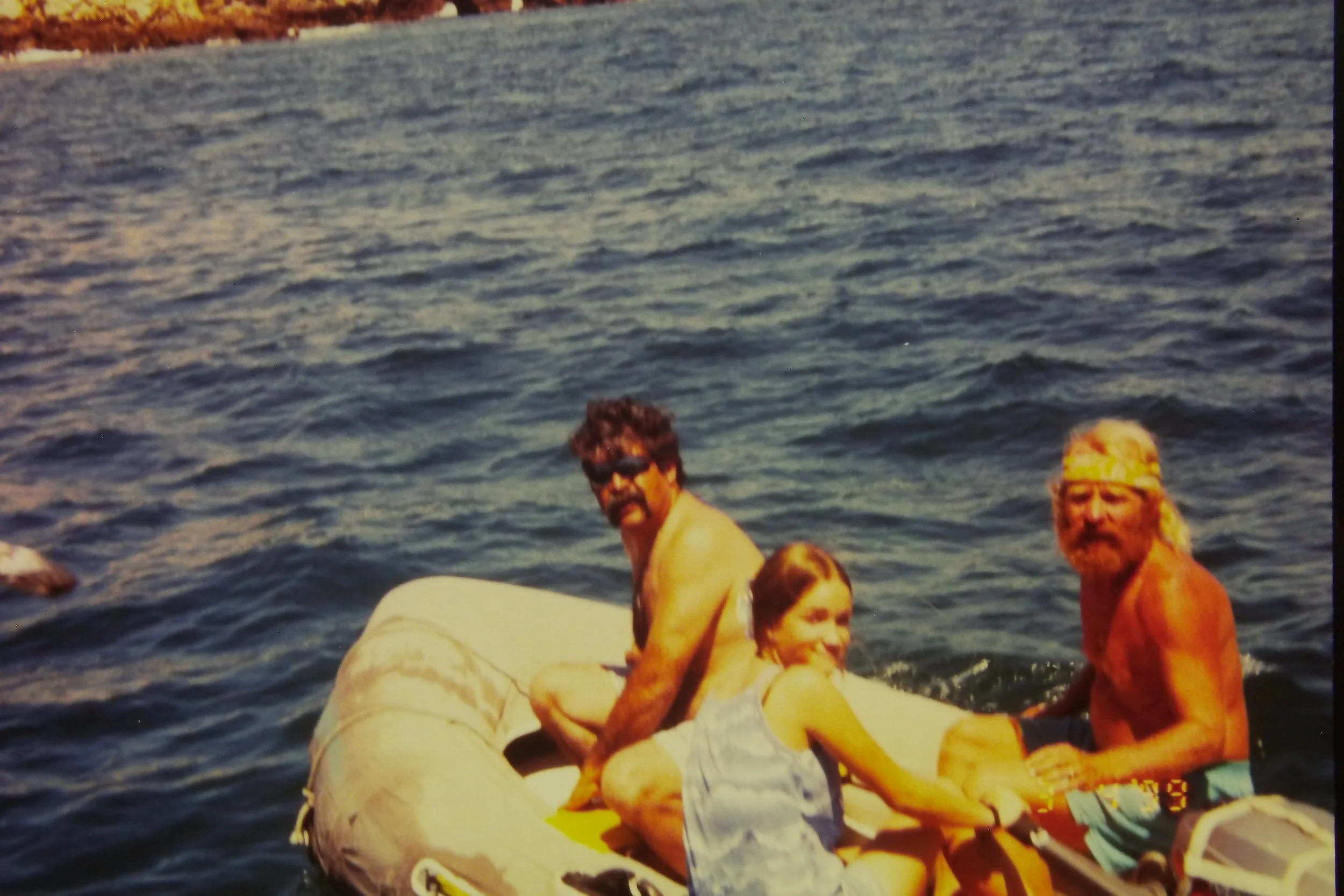 3.3.99 Richard, Sam & Dad in the Dinghy.JPG