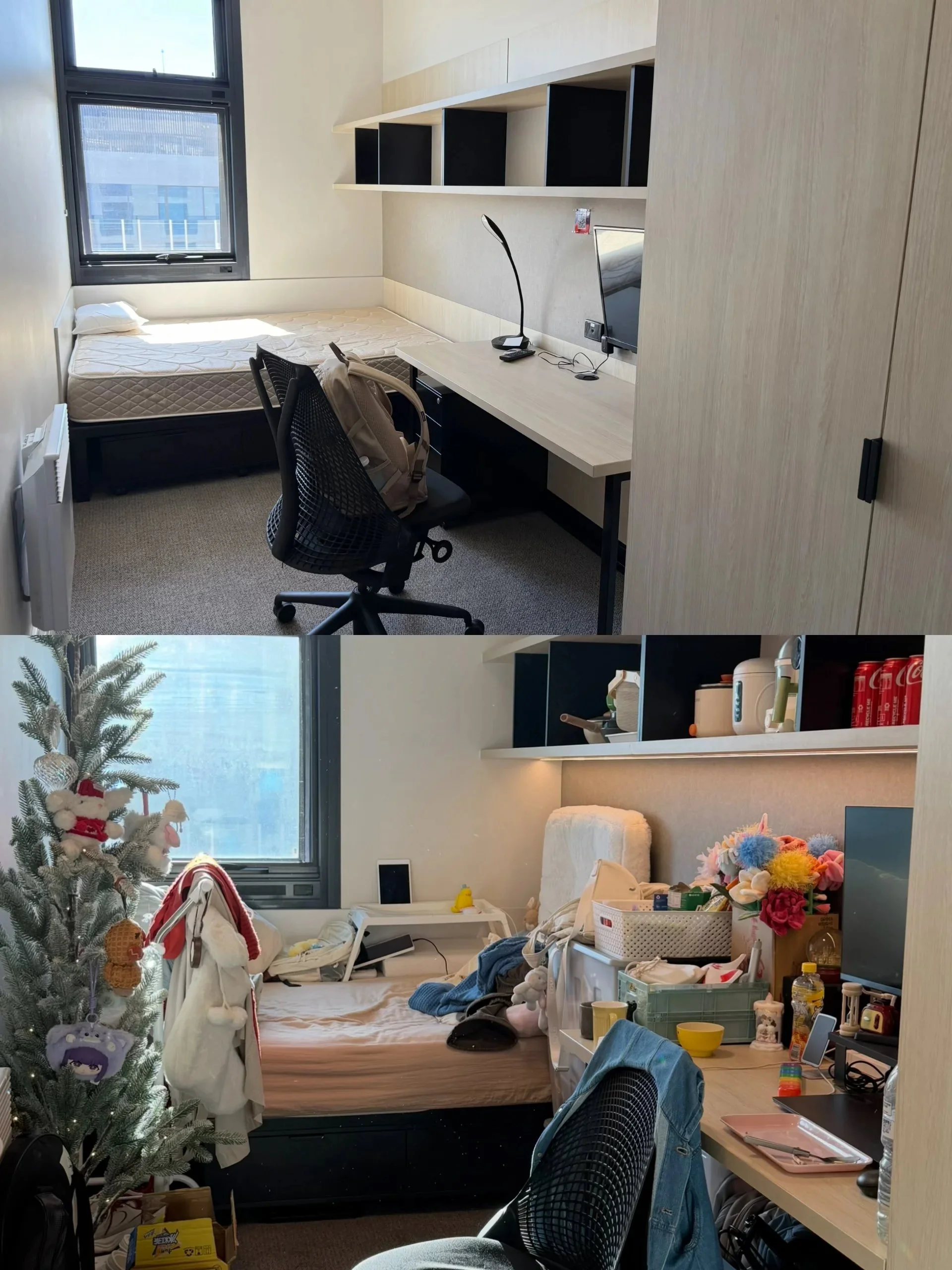 [The Room That Learned My Name by Hejia Chen] - I chose to show the same room at two moments: empty when I first arrived, and later filled with the traces of my everyday life. Familiar food, personal belongings and objects from home represent the lif