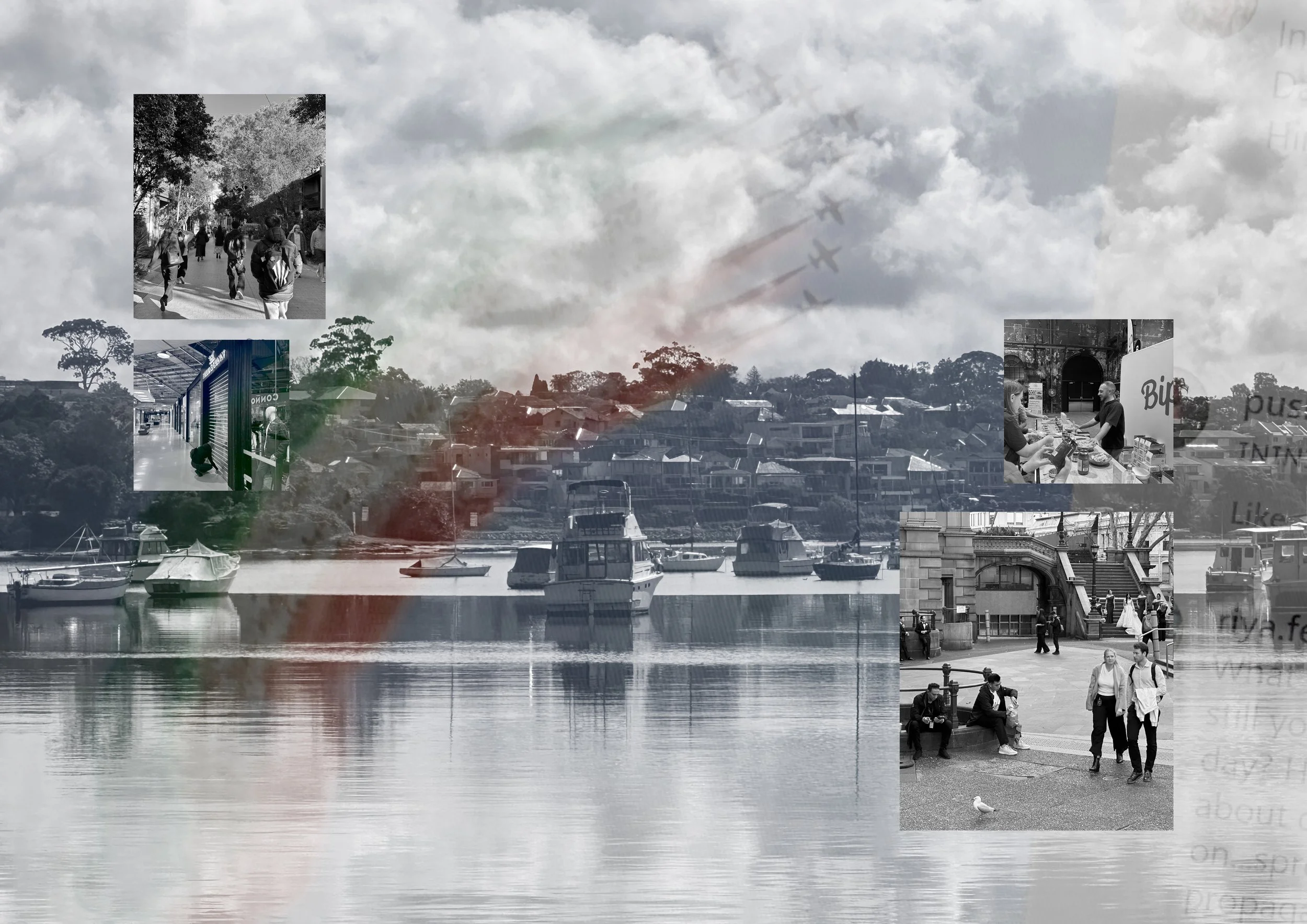 [Me, for now. by Moulya Raju] - This collage layers a double exposure of Sydney's Greenway walk with an Independence Day post from home; two skies, one month. The inset photographs are ordinary moments: closing time at work, sampling food at a local 