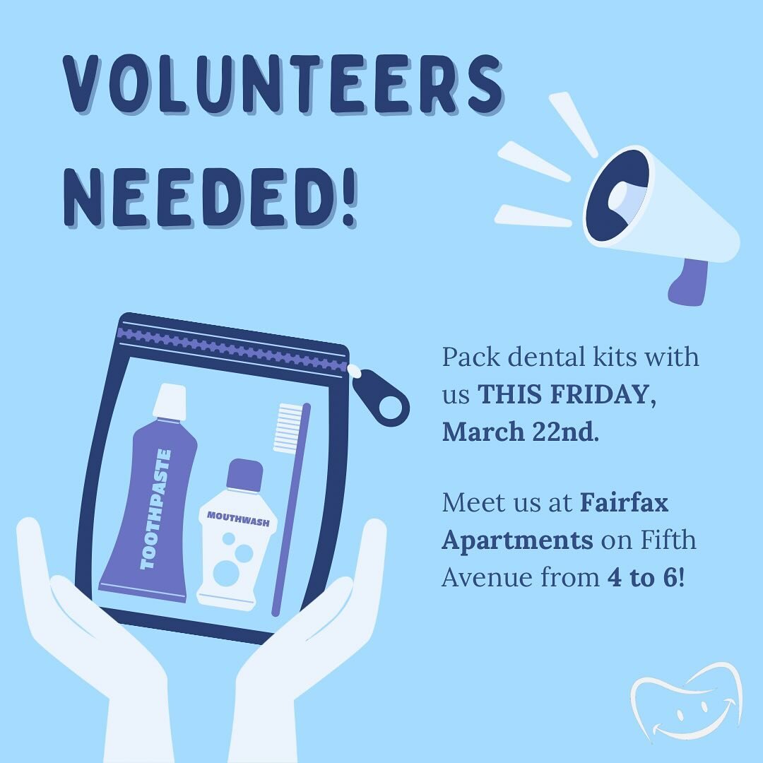 Join us at Fairfax Apartments this Friday, 3/22, from 4-6 PM to assemble dental kits for food pantry!

Your dedication can truly impact lives and brighten the smiles of people in need in our community. Additionally, each volunteer earns 2 hours of cr