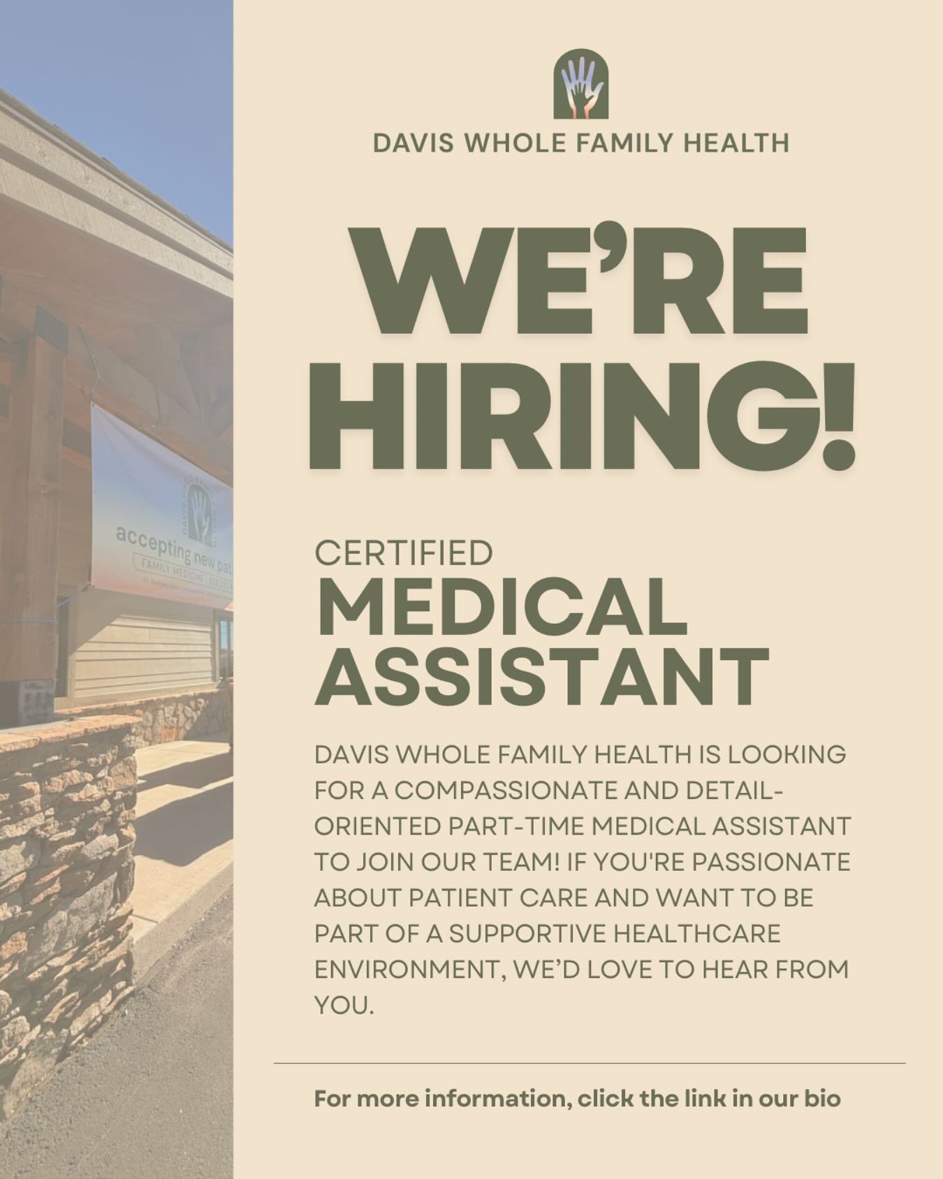 Davis Whole Family Health is on the lookout for a part-time Medical Assistant! Join us in providing quality care to our community. Interested applicants can send their resumes to the link in bio. Spread the word!
