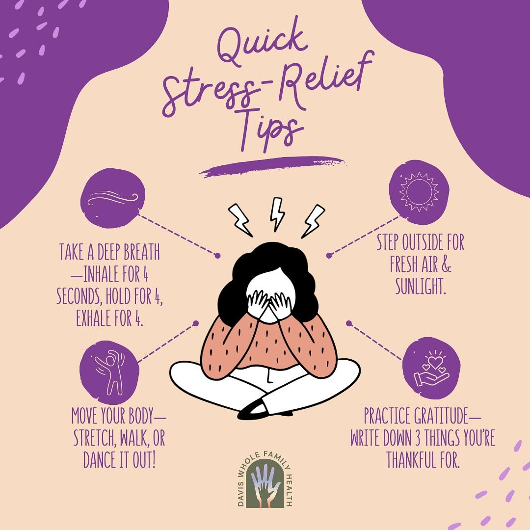 Feeling overwhelmed? Try these quick stress-busting techniques. What's your go-to stress reliever? Drop ot in the comments! #StressLess #HealthyHabits #WellnessTips #DWFH #DavisWholeFamilyHealth #StressAwareness