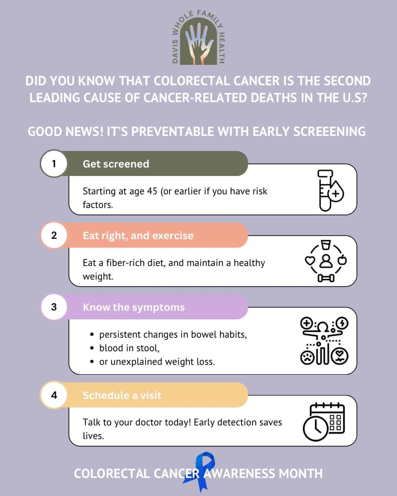 March is Colorectal Awareness Month, and at Davis Whole Family Health, we're committed to raising awareness about the importance of early detection and prevention. Join us in promoting regular screenings and healthy lifestyle choices to reduce the ri