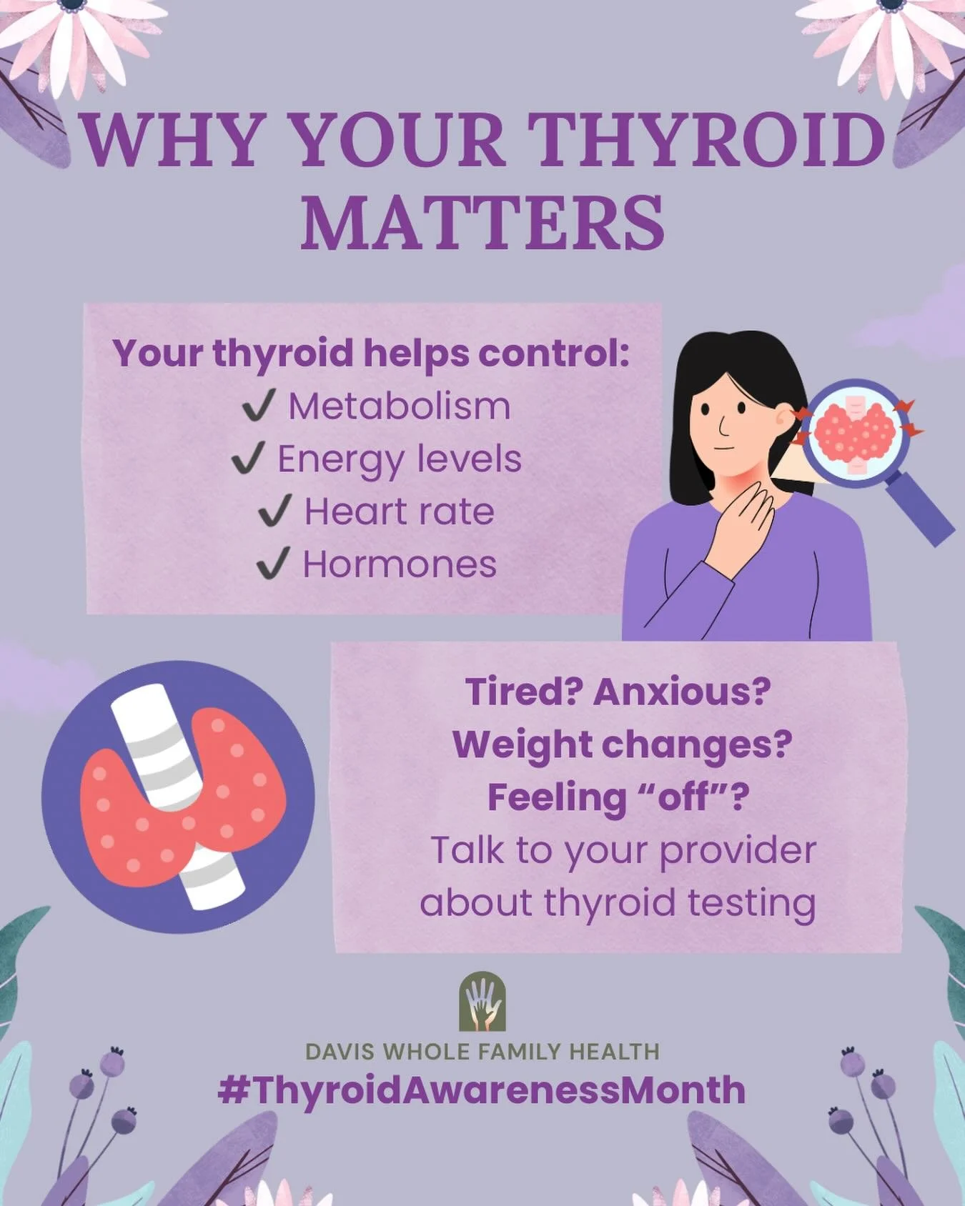 It may be small, but your thyroid has a big job. From metabolism to mood, this tiny gland affects your whole body. In honor of Thyroid Awareness Month, we&rsquo;re reminding you to listen to your body. 💙 #dwfh #thyroidawarenessmonth #thyroidhealth #