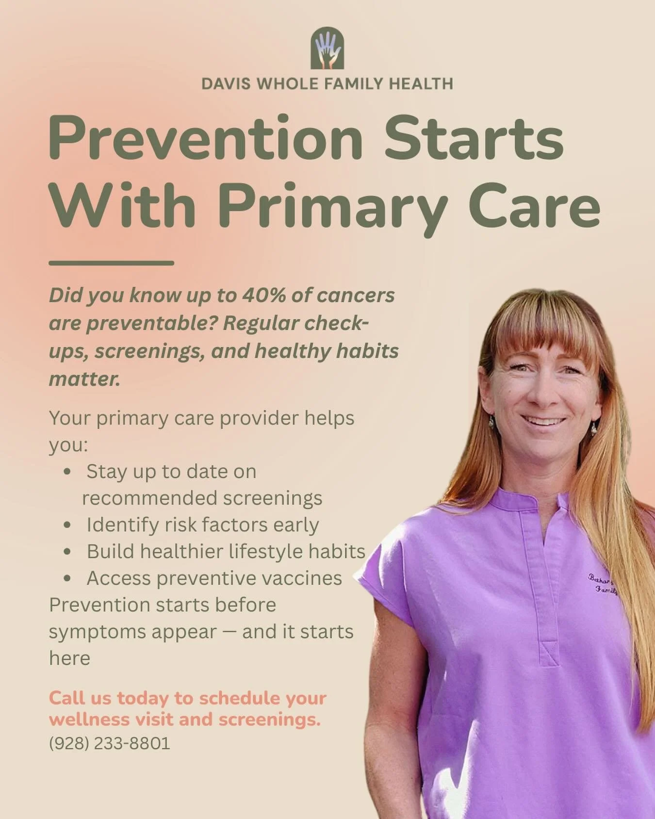 Small steps today can make a big difference tomorrow. Schedule your wellness visit. 🩺 #preventativecare #DWFH #cancerprevention #wellnessvisit #healthmatters