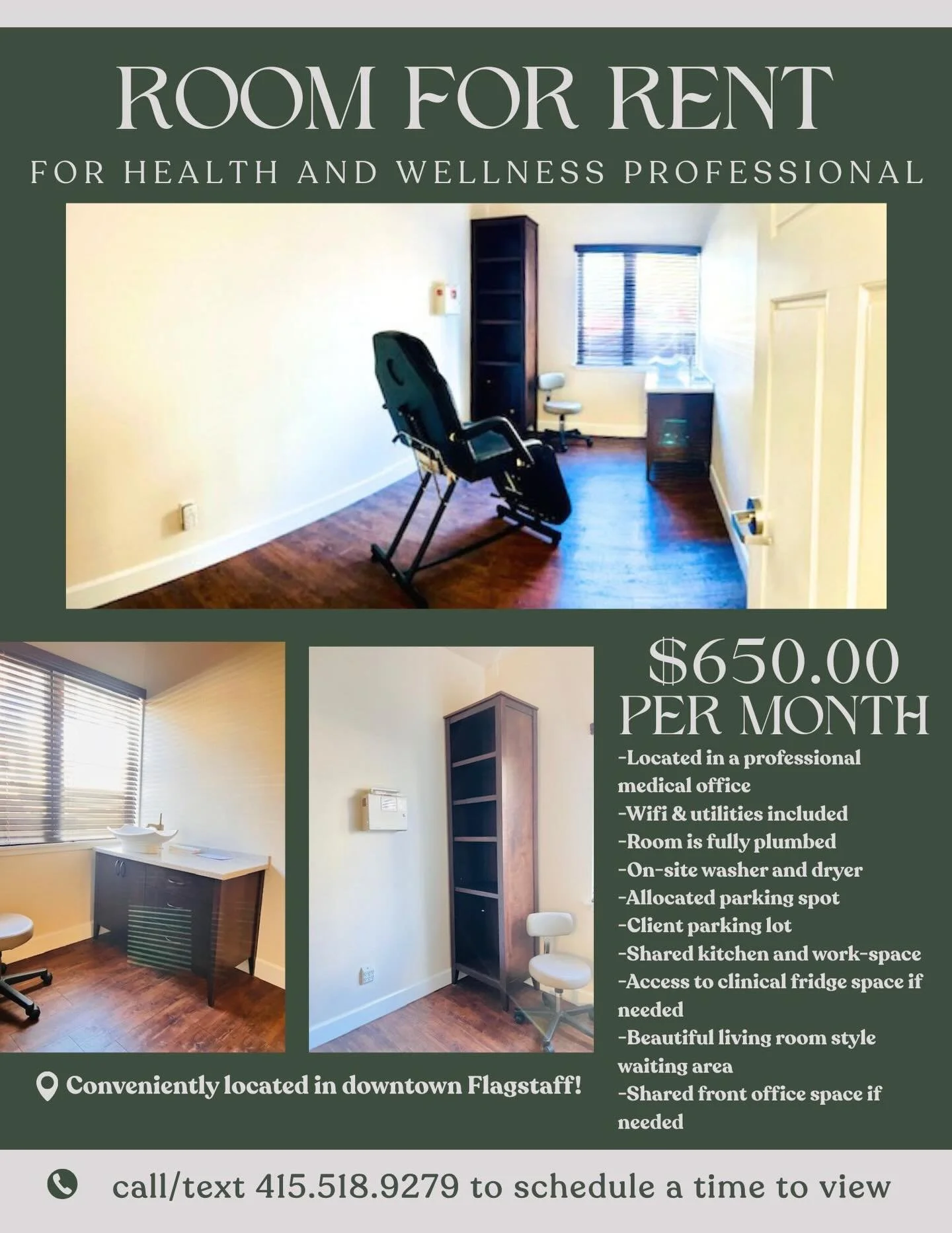 Looking for the perfect space to see your clients?
We have a beautiful, fully equipped treatment room available in our downtown Flagstaff office 🤍

Ideal for health &amp; wellness professionals ready to grow in a supportive, professional environment