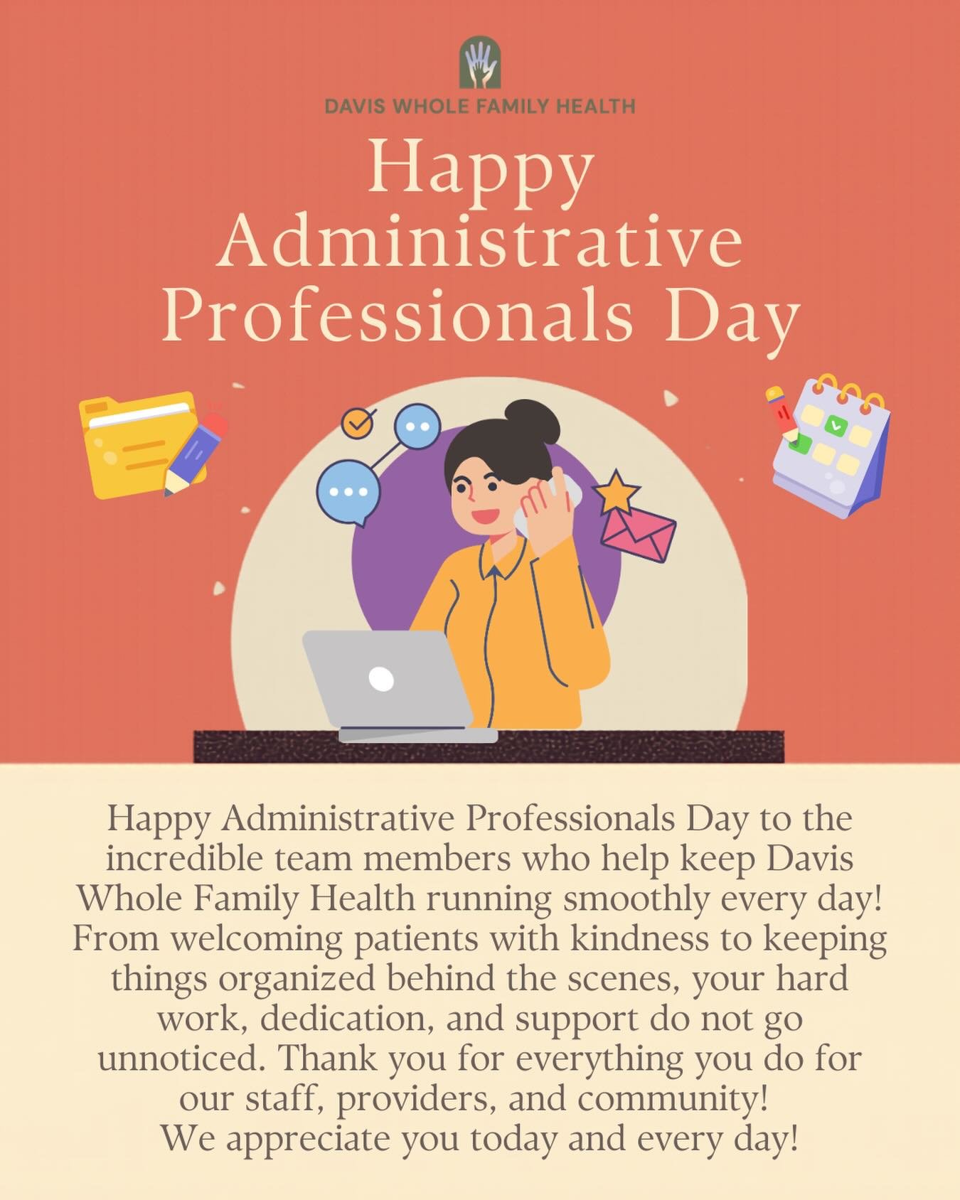 Happy Administrative Professionals Day to the team members who help keep Davis Whole Family Health running every day 💙 We appreciate all that you do!

#AdministrativeProfessionalsDay #DavisWholeFamilyHealth #HealthcareTeam