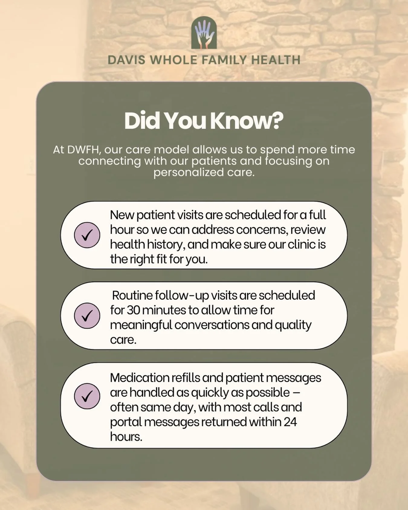 Our goal is to provide care that feels connected, supportive, and patient-centered &mdash; because your health deserves time and attention. 🌿 #PrimaryCare #DWFH #FamilyMedicine