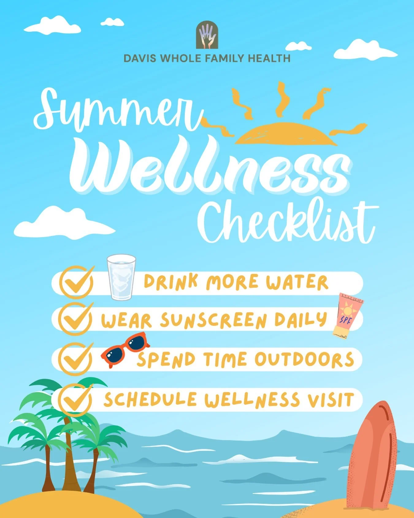 Summer is here ☀️

Longer days are a great reminder to prioritize your health and wellness. Stay hydrated, protect your skin, get plenty of rest, and make time to care for yourself this season 🌿💙

Small healthy habits can make a big difference all 