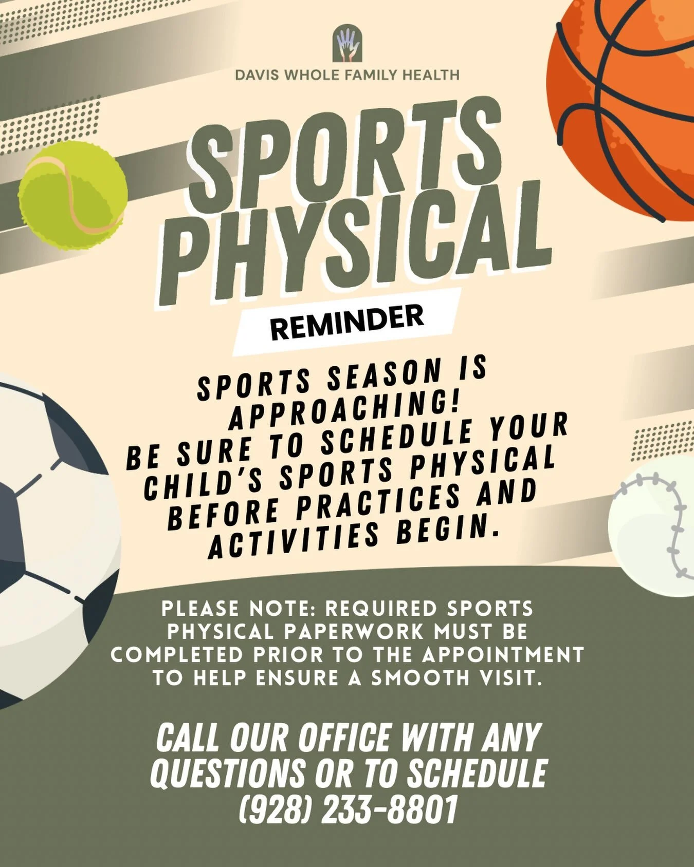🏈 Sports season is right around the corner!

Now is a great time to schedule your student athlete&rsquo;s sports physical before practices and school activities begin. Please remember that required paperwork must be completed prior to the appointmen