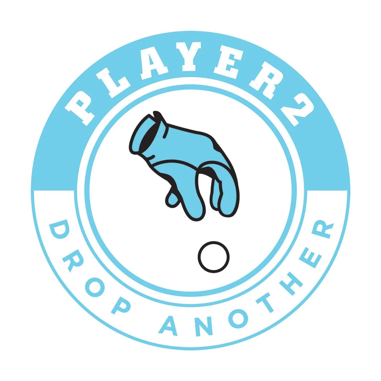 Logo featuring a blue gloved hand dropping a ball, surrounded by the text 'Player2 Drop Another' in a circular design.
