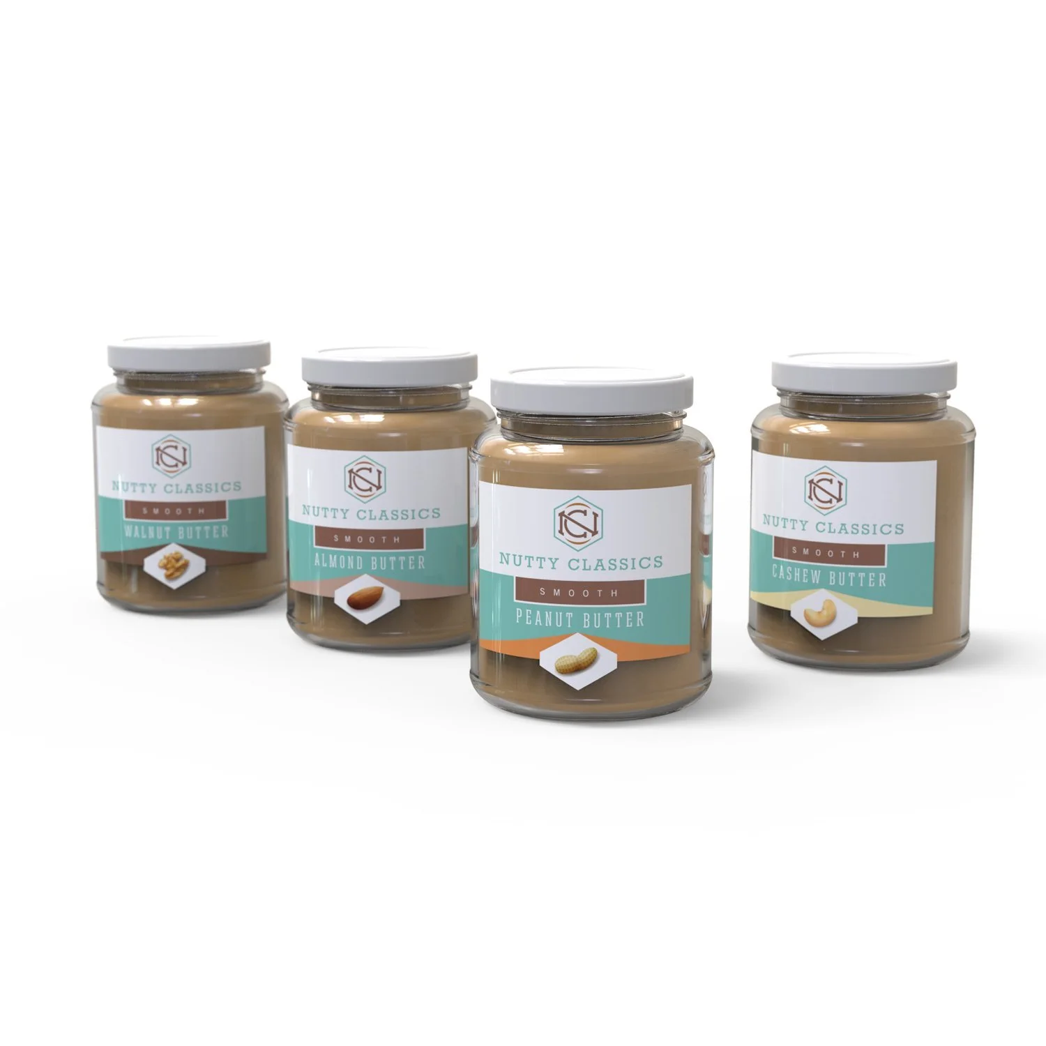 Four jars of Nutty Classics nut butters, including walnut, almond, peanut, and cashew butter, with white lids on a white background.