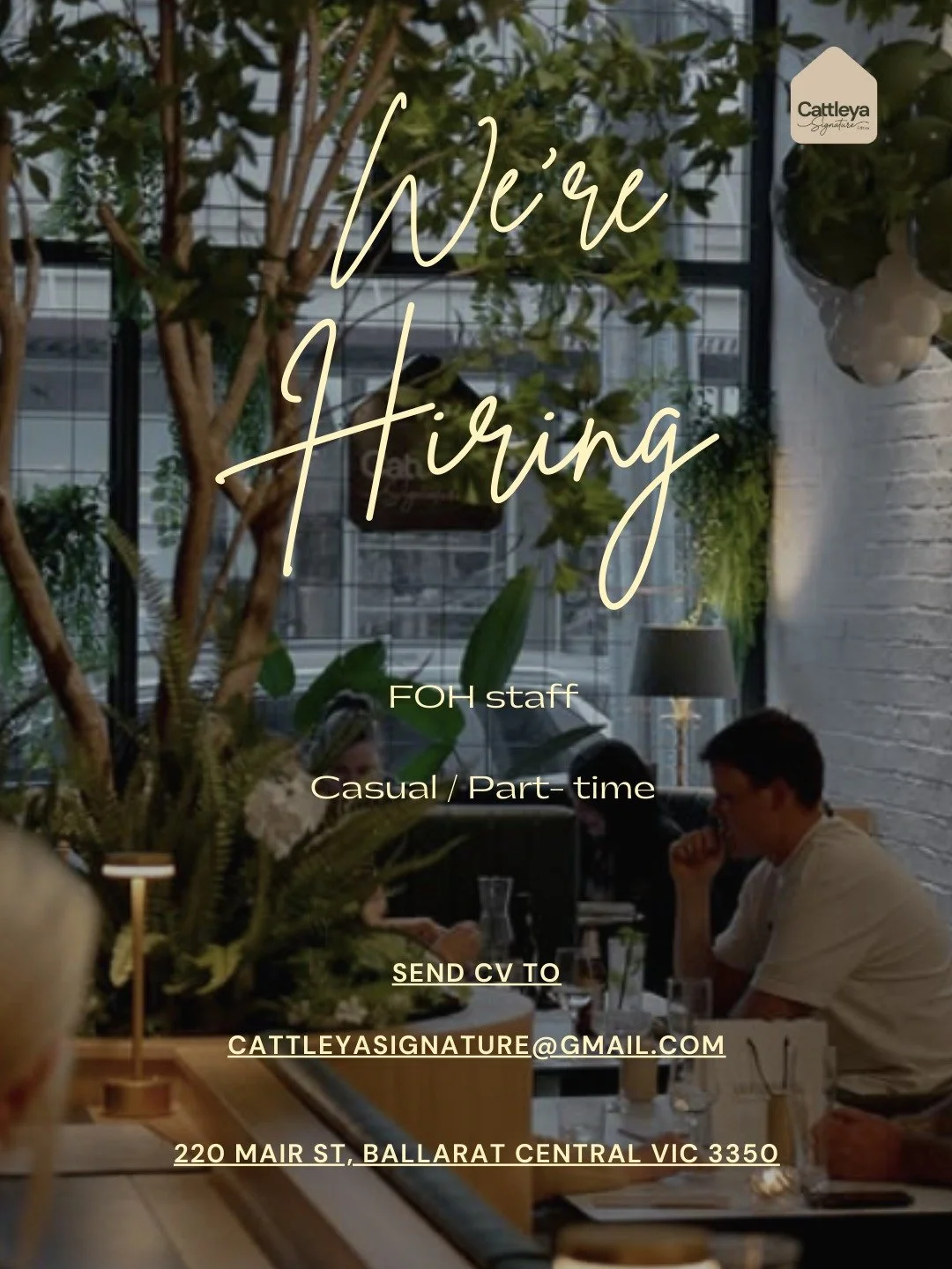 ✨ WE ARE HIRING! Join the Cattleya Signature Family! ✨

We are looking for friendly and energetic Front of House (FOH) staff to join our team in Ballarat. If you love great food, have a passion for hospitality, and enjoy working in a warm environment