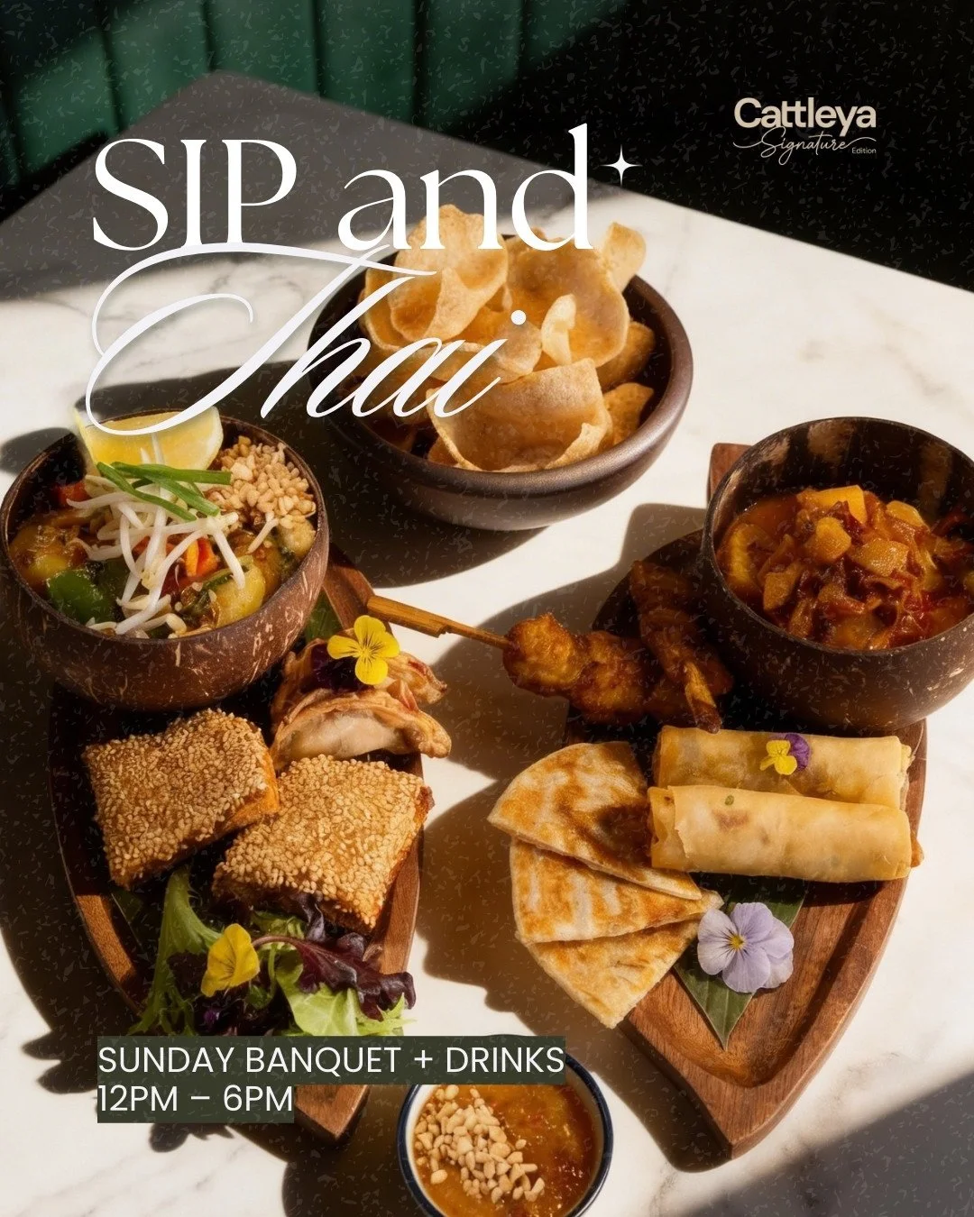 Sundays at Signature with our Sip &amp; Thai Banquet. From 12pm&ndash;3pm, settle in for a spread of modern Thai favourites, paired with free-flowing drinks for $65pp ✨️🍸️⁠
⁠
Book now via www.cattleyaballarat.com.au⁠