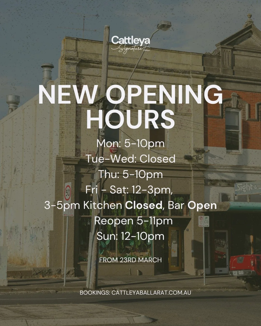 New hours, same Cattleya energy ✨ Starting 23 March, here&rsquo;s when you can find us:⁠
⁠
Mon &amp; Thu: 5&ndash;10pm⁠
Tue&ndash;Wed: Closed⁠
Fri&ndash;Sat: 12&ndash;3pm, 5&ndash;11pm (bar open 3&ndash;5pm for happy hour 🍸)⁠
Sun: 12&ndash;10pm⁠
⁠
B
