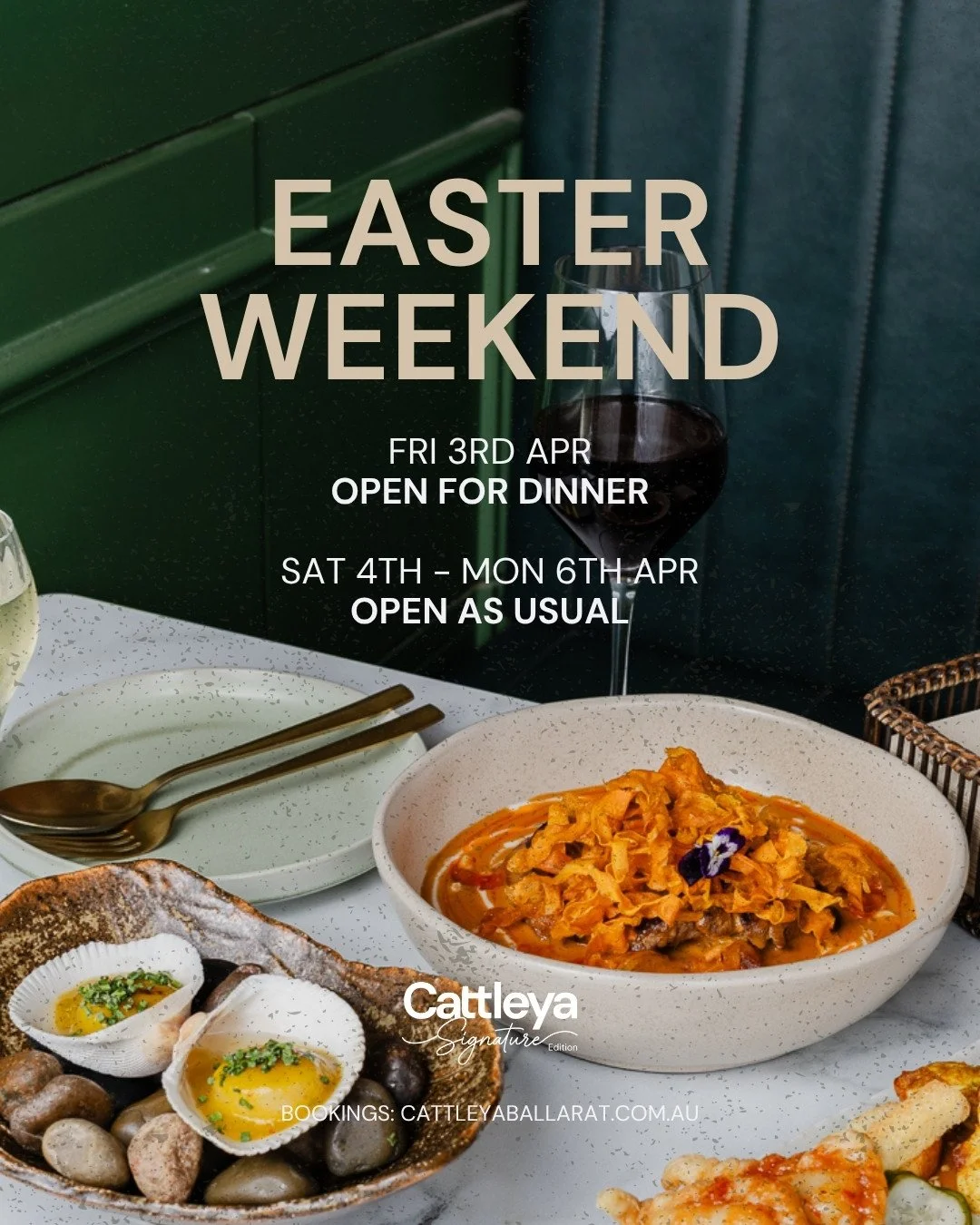 Easter update at Cattleya Signature 🐣 Closed for Good Friday lunch, then back to usual from Saturday to Monday.⁠
⁠
Book now via www.cattleyaballarat.com.au⁠